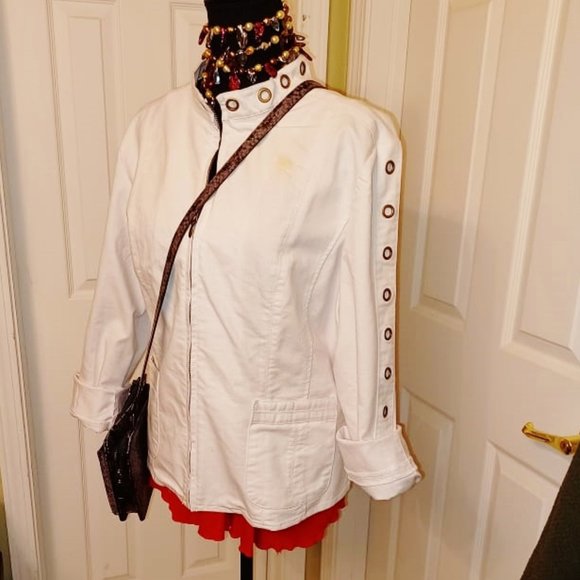 OSO Casuals White DENIM Spring Bomber Jacket w/ Metal Rings XL Orig $120+Tax NWD - Picture 4 of 11